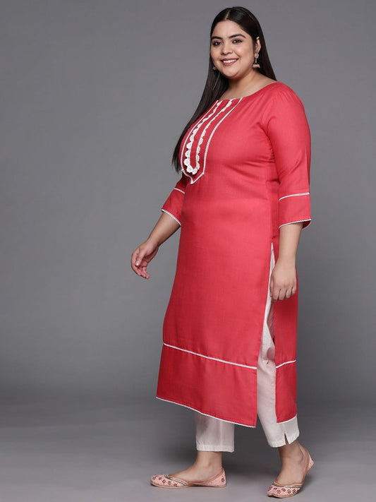 Women Coral Red Solid Yoke Design Lace Inserts Straight Kurta - Inddus.com