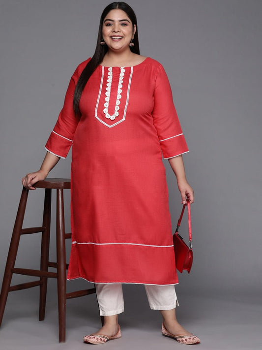 Women Coral Red Solid Yoke Design Lace Inserts Straight Kurta - Inddus.com