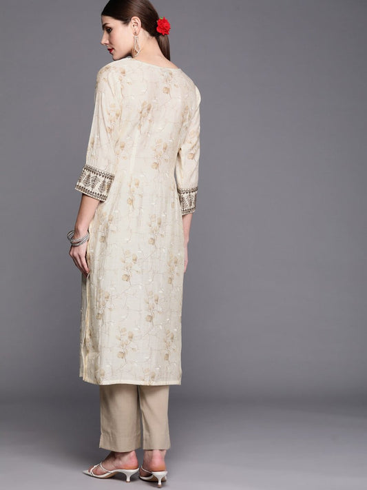 Women Cream-Coloured Floral Embroidered Regular Gotta Patti Kurta with Trousers - Inddus.com