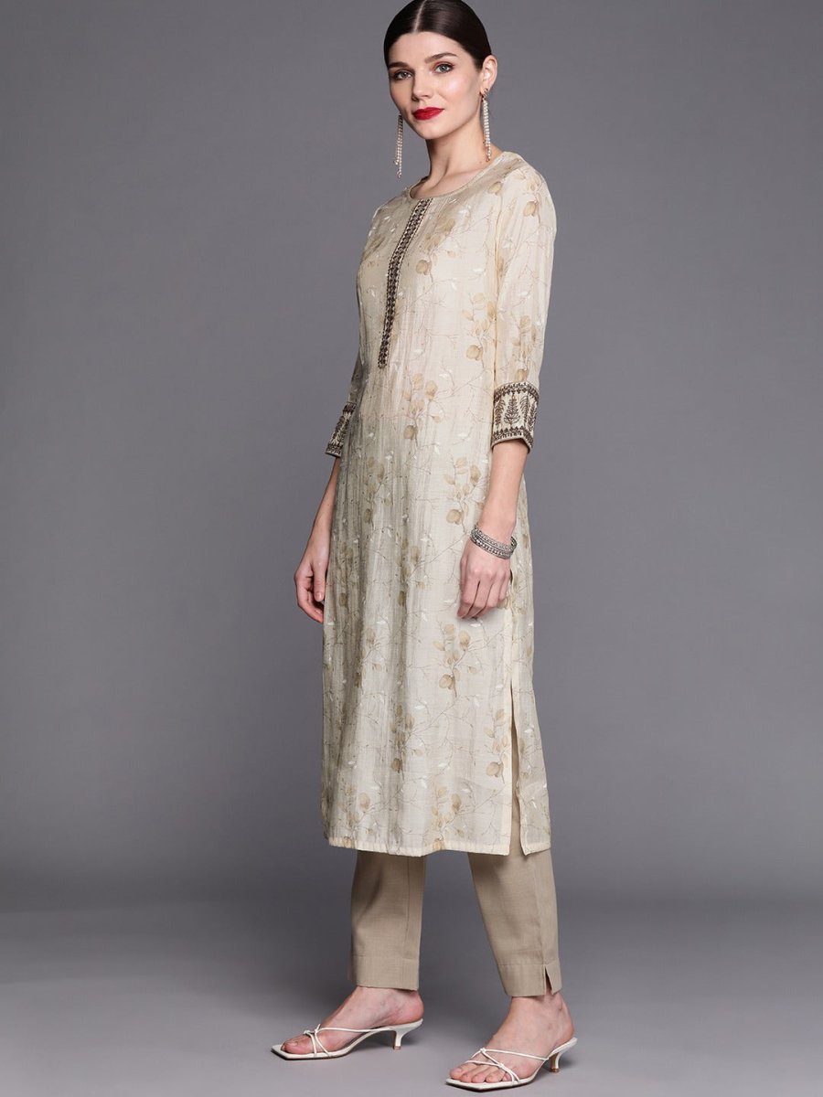 Women Cream-Coloured Floral Embroidered Regular Gotta Patti Kurta with Trousers - Inddus.com