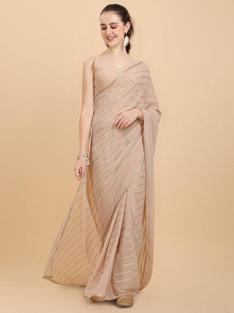 Women Cream Embroidered Georgette Saree with Blouse Piece - Inddus.com