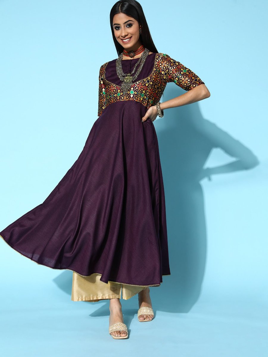 Women Deep Burgundy Silk Ethereal Embroidery Kurta - Inddus.com