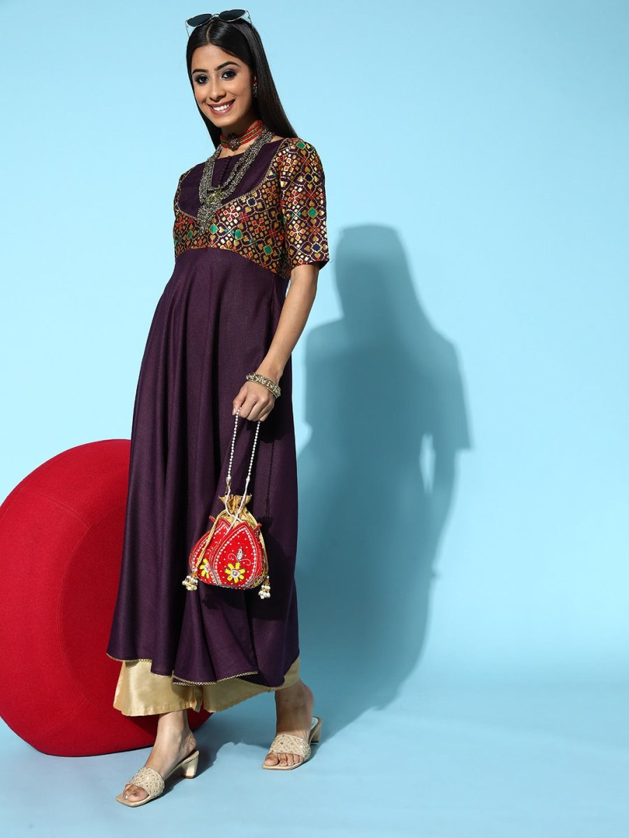 Women Deep Burgundy Silk Ethereal Embroidery Kurta - Inddus.com