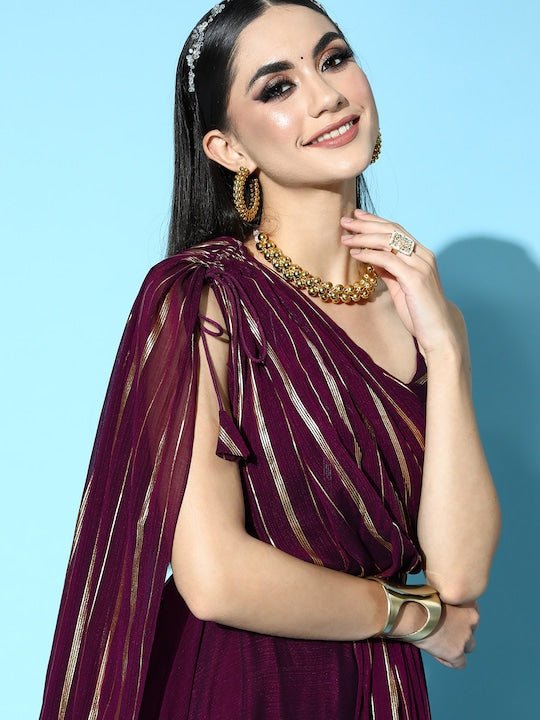 Women Deep Burgundy Striped Elevated Gown - Inddus.com