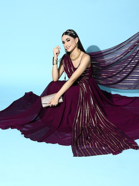 Women Deep Burgundy Striped Elevated Gown - Inddus.com