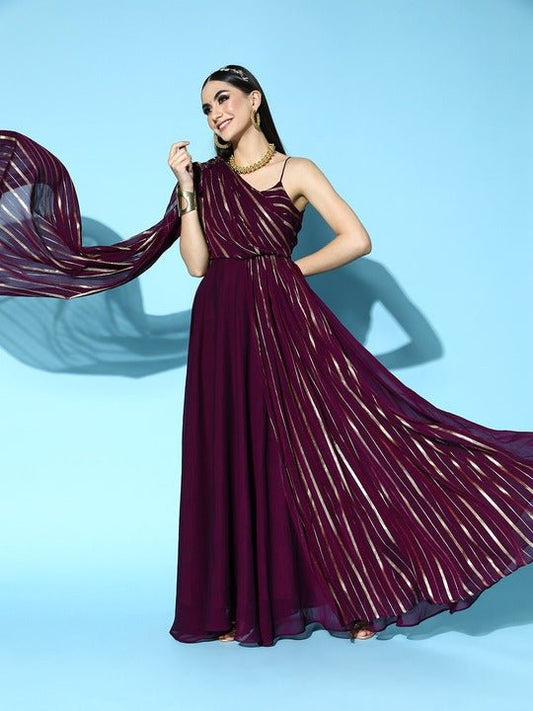 Women Deep Burgundy Striped Elevated Gown - Inddus.com