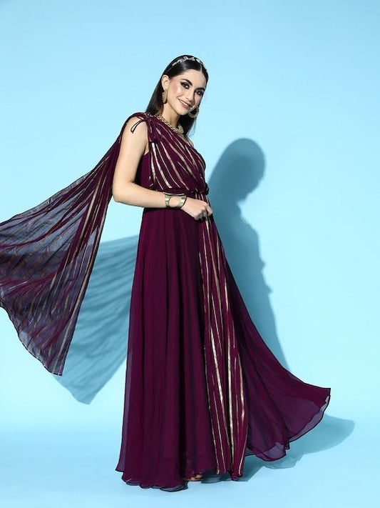 Women Deep Burgundy Striped Elevated Gown - Inddus.com