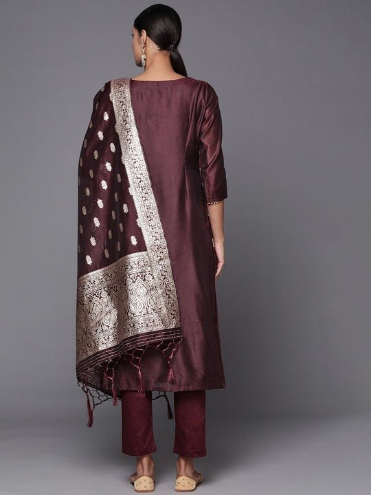 Women Deep Wine Zari Woven Kurta and Trouser with Dupatta - Inddus.com