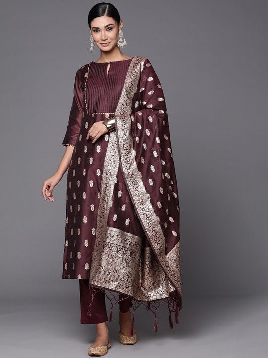 Women Deep Wine Zari Woven Kurta and Trouser with Dupatta - Inddus.com