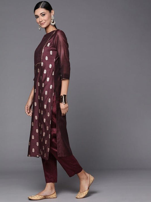 Women Deep Wine Zari Woven Kurta and Trouser with Dupatta - Inddus.com