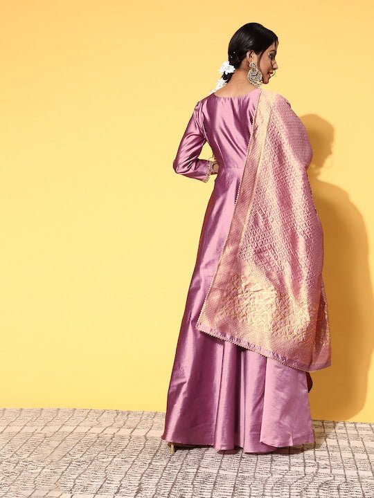 Women Dirty Pink Woven Design Tie up Anarkali Kurta with Dupatta - Inddus.com