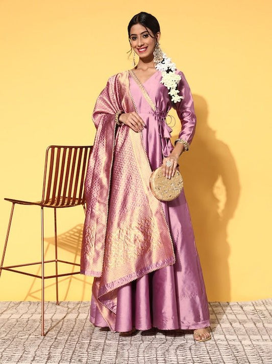 Women Dirty Pink Woven Design Tie up Anarkali Kurta with Dupatta - Inddus.com