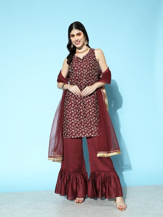 Women Embroidered Kurta with Sharara & Dupatta - Inddus.com