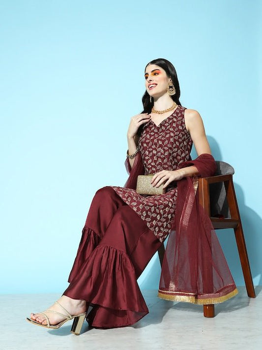 Women Embroidered Kurta with Sharara & Dupatta - Inddus.com