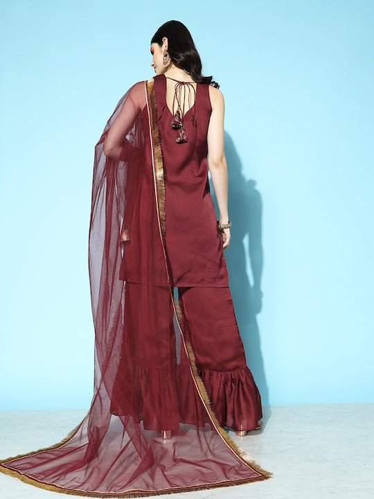 Women Embroidered Kurta with Sharara & Dupatta - Inddus.com