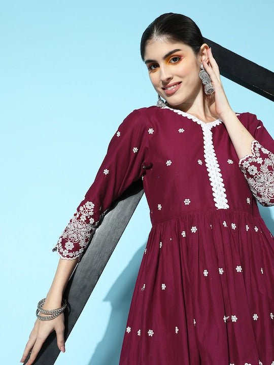 Women Embroidered Pleated Thread Work Kurta with Palazzos - Inddus.com