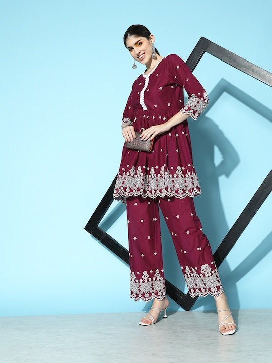 Women Embroidered Pleated Thread Work Kurta with Palazzos - Inddus.com