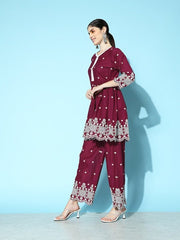 Women Embroidered Pleated Thread Work Kurta with Palazzos - Inddus.com