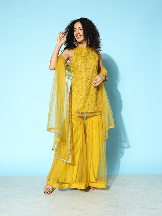 Women Embroidered Regular Kurta with Sharara & Dupatta - Inddus.com