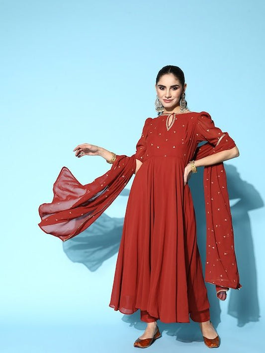 Women Embroidered Sequinned Kurta With Trousers & With Dupatta - Inddus.com