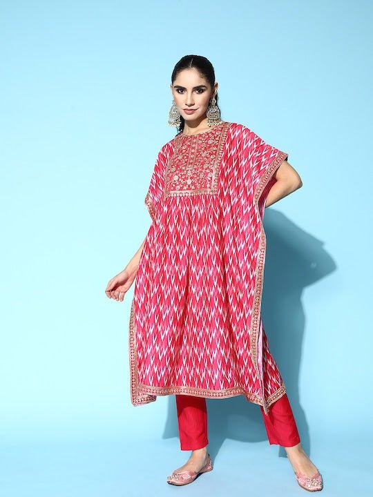 Women Embroidered Thread Work Kaftan Kurta With Trousers - Inddus.com