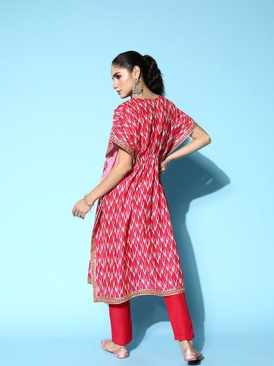 Women Embroidered Thread Work Kaftan Kurta With Trousers - Inddus.com