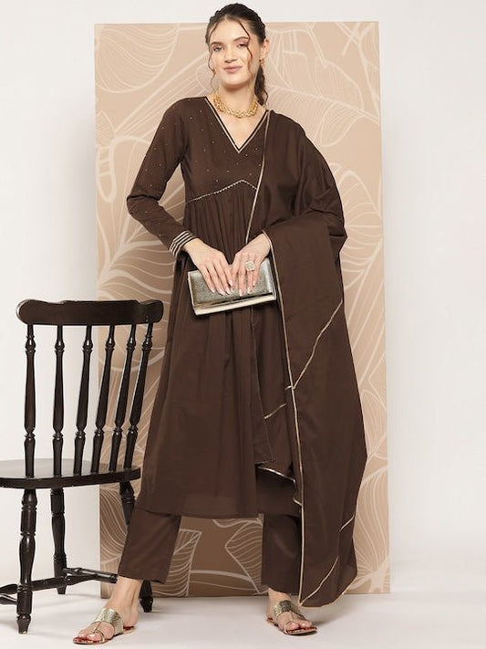 Women Empire Sequinned Kurta with Trousers & Dupatta - Inddus.com