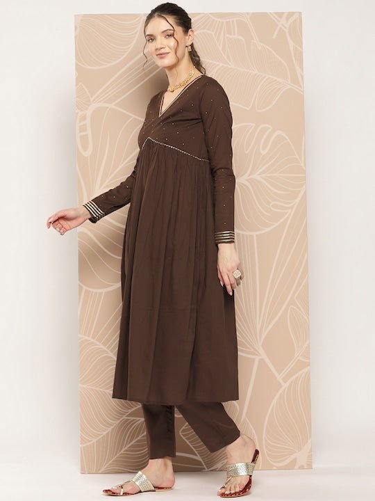 Women Empire Sequinned Kurta with Trousers & Dupatta - Inddus.com