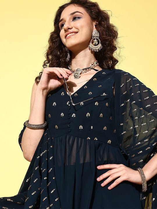 Women Ethnic Motifs Embroidered Regular Sequinned Kurta with Palazzos & Dupatta - Inddus.com