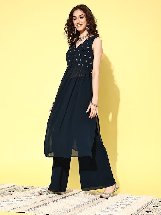 Women Ethnic Motifs Embroidered Regular Sequinned Kurta with Palazzos & Dupatta - Inddus.com