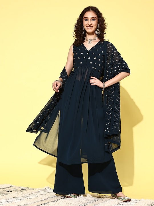 Women Ethnic Motifs Embroidered Regular Sequinned Kurta with Palazzos & Dupatta - Inddus.com