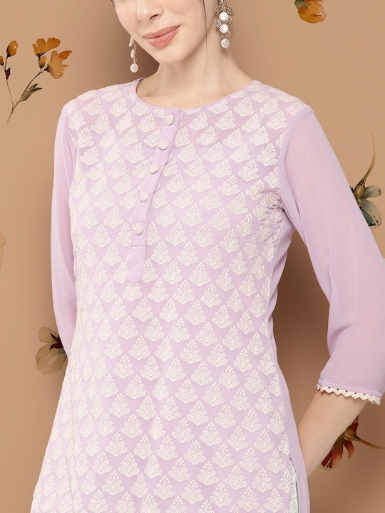 Women Ethnic Motifs Embroidered Thread Work Georgette Kurta - Inddus.com