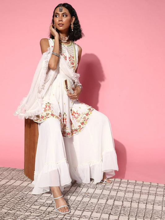 Women Ethnic Motifs Poly-Georgette Ethereal Embroidery Kurta Set - Inddus.com