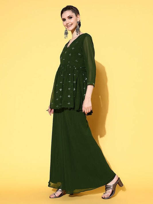 Women Ethnic Motifs Poly-Georgette New Neckline Kurta Set - Inddus.com