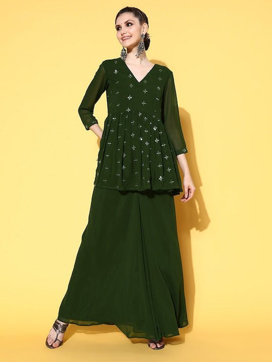 Women Ethnic Motifs Poly-Georgette New Neckline Kurta Set - Inddus.com