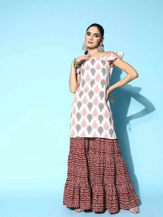 Women Ethnic Motifs Printed Pure Cotton Kurti With Sharara - Inddus.com