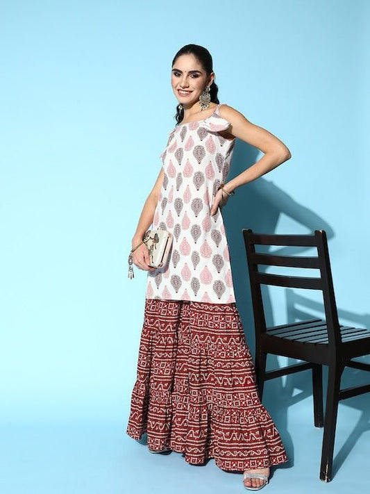 Women Ethnic Motifs Printed Pure Cotton Kurti With Sharara - Inddus.com