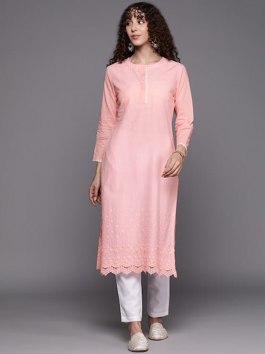 Women Floral Embroidered Chikankari Thread Work Kurta with Trousers - Inddus.com