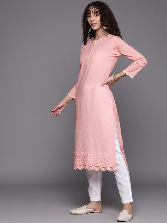 Women Floral Embroidered Chikankari Thread Work Kurta with Trousers - Inddus.com