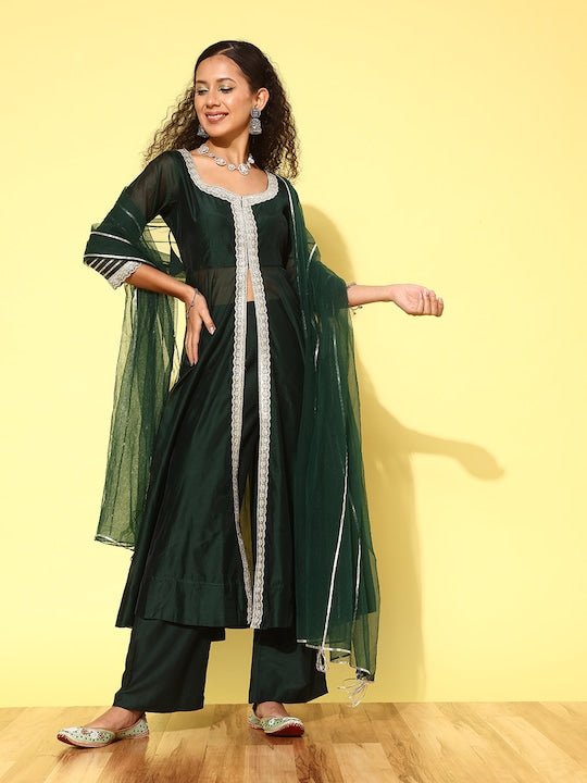 Women Floral Embroidered High Slit Gotta Patti Kurta with Palazzos & With Dupatta - Inddus.com