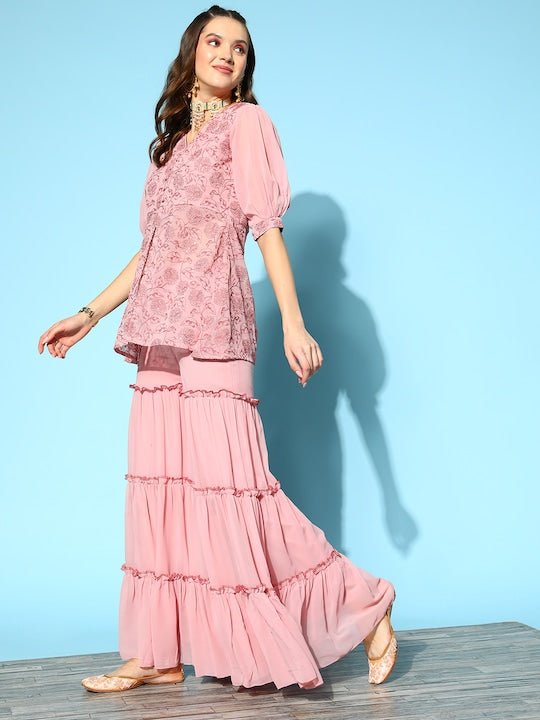 Women Floral Embroidered High Slit Sequinned Kurta with Sharara - Inddus.com