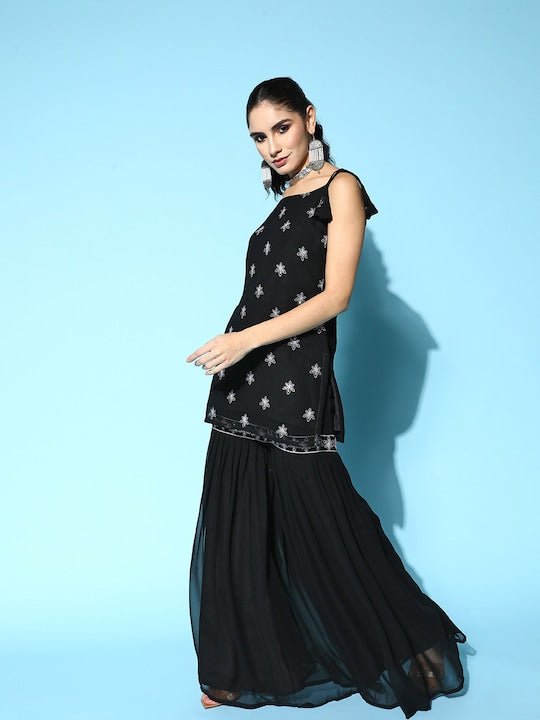 Women Floral Embroidered Kurta with Sharara & Dupatta - Inddus.com