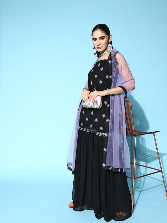 Women Floral Embroidered Kurta with Sharara & Dupatta - Inddus.com