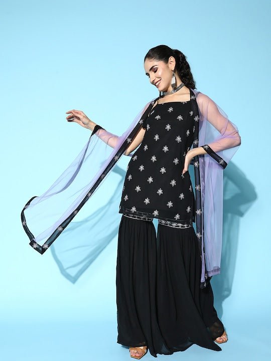 Women Floral Embroidered Kurta with Sharara & Dupatta - Inddus.com