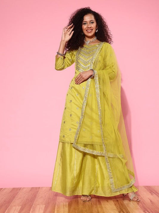 Women Floral Embroidered Regular Chanderi Cotton Kurta with Palazzos & With Dupatta - Inddus.com