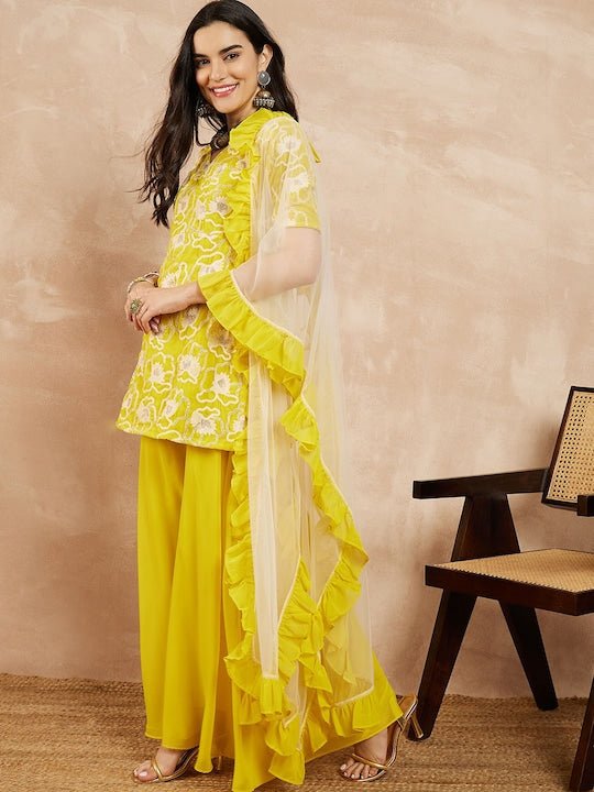 Women Floral Embroidered Regular Kurta with Palazzos & With Dupatta - Inddus.com