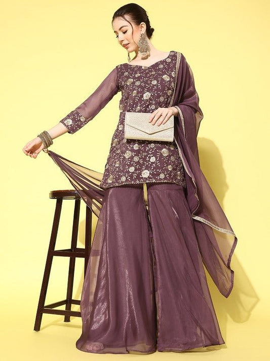 Women Floral Embroidered Regular Kurta with Sharara & With Dupatta - Inddus.com