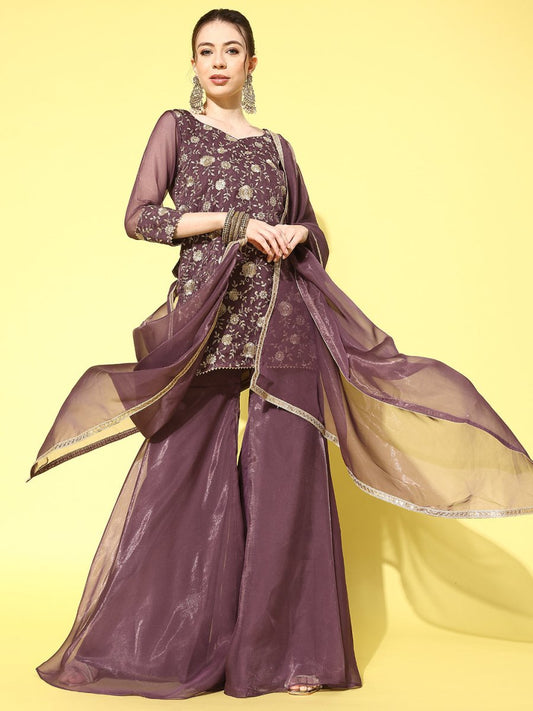 Women Floral Embroidered Regular Kurta with Sharara & With Dupatta - Inddus.com