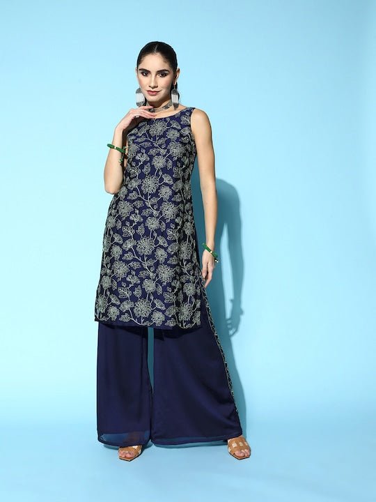 Women Floral Embroidered Thread Work Kurta with Palazzos - Inddus.com