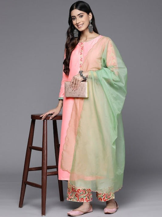 Women Floral Embroidered Thread Work Kurta with Palazzos & With Dupatta - Inddus.com